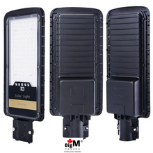 Load image into Gallery viewer, Front and back view of BigM 80W Solar Street Lights with Aluminum Body Adjustable Solar Panel
