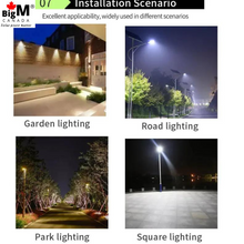 Charger l&#39;image dans la galerie, This BigM 80W solar street lights are ideal for driveways, backyards, pathways, sidewalks, poolside, decks, patios of houses or cottages, off-grid cabins, campgrounds, and remote locations.
