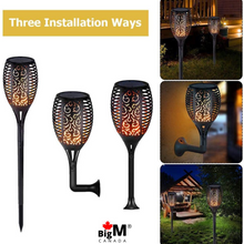 Load image into Gallery viewer, BigM 96 LED Solar Flickering Dancing Flame Lights come with Wall mount, side handle and a long spike  that goes on the ground
