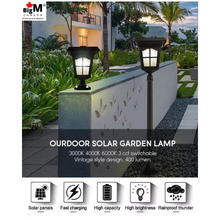 Load image into Gallery viewer, BigM Elegant Looking Vintage Style Solar Post Lights installed at the top of a post
