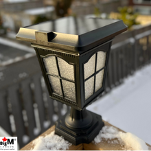 Load image into Gallery viewer, Beautifully designed BigM Elegant Looking Vintage Style Solar Post Lights installed at the corner of a deck
