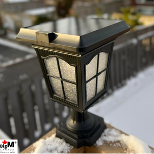 Beautifully designed BigM Elegant Looking Vintage Style Solar Post Lights installed at the corner of a deck