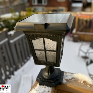 Image of a BigM Elegant Looking Vintage Style Solar Post Lights installed at the corner of a deck