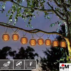 BigM solar flickering flame light has 7 cm diameter flame string light ball is made of strong and weatherproof high-grade plastic, equipped with molded hooks that can be hung as needed, and flashing flame effect LED bulbs are contained in a sealed waterproof tube for all-weather use.