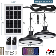 Load image into Gallery viewer, BigM Dual Headed 56 LED Bright Indoor Solar Lights for Gazebos Shades come with 2 pendant lights, 1 large solar panel, 2x 16.5 ft extension cables, hardwares &amp; 2 remotes
