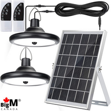 Load image into Gallery viewer, BigM Dual Headed 56 LED Bright Indoor Solar Lights for Gazebos Shades come with 2 pendant lights, 1 large solar panel, 2 units of  16.5 ft extension cables &amp; 2 remotes
