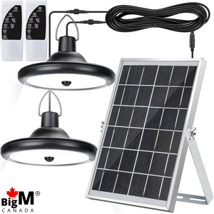 BigM Dual Headed 56 LED Bright Indoor Solar Lights for Gazebos Shades come with 2 pendant lights, 1 large solar panel, 2 units of  16.5 ft extension cables & 2 remotes