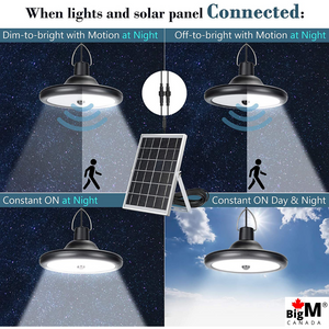 BigM Dual Headed 56 LED Bright Indoor Solar Lights work in motion sensor and constant light modes as well. You can also dim them