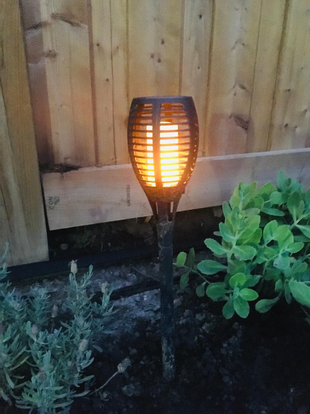 BigM LED Solar Powered Flickering Flame Lights is turn on at night in a garden